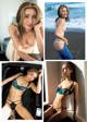 A collage of photos of a woman in a bikini.